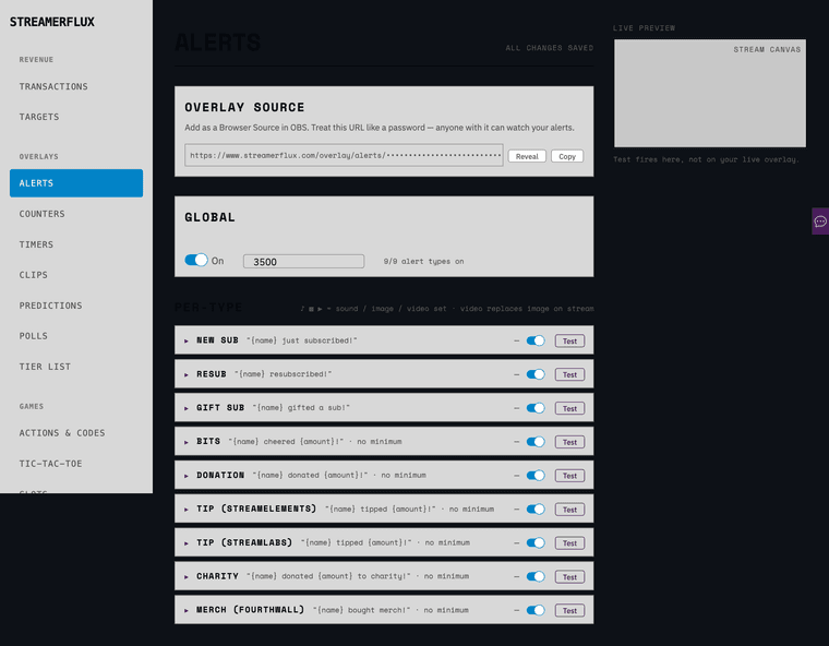 The Alerts page - two-column layout with settings on the left and a live preview on the right