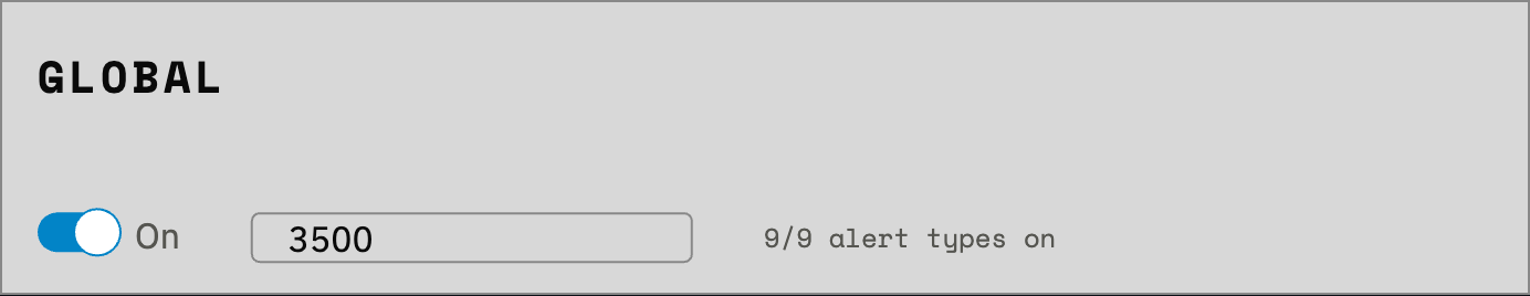 The Global card - master switch, display duration, and type counter